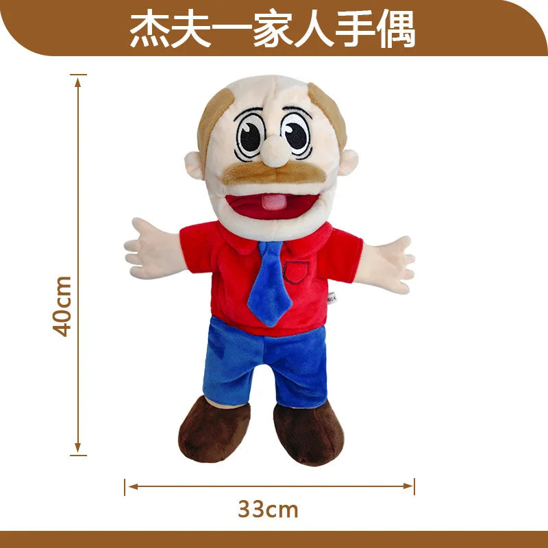 A soft plush hand puppet of a zombie boy with light hair, wearing a red shirt and blue pants.