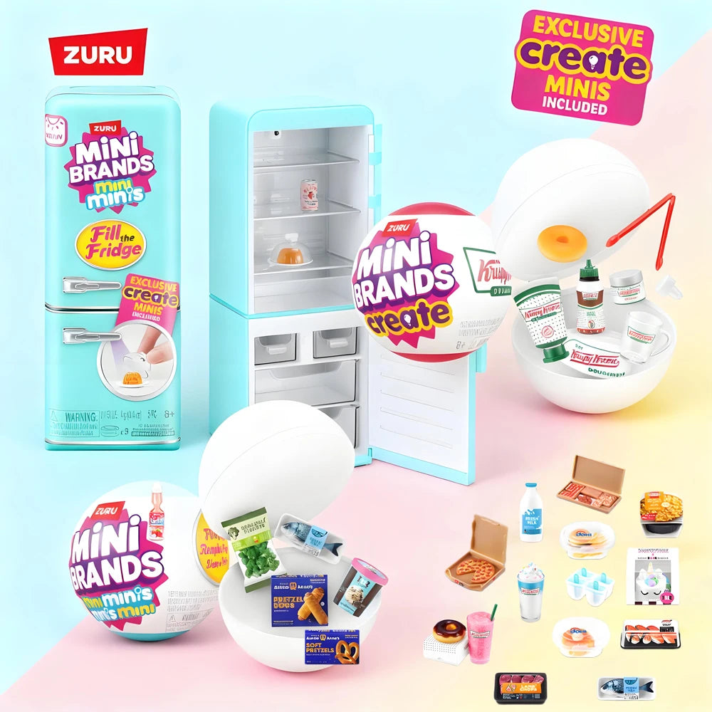 A collection of Zuru Mini Brands mini food items and accessories displayed in packaging boxes.