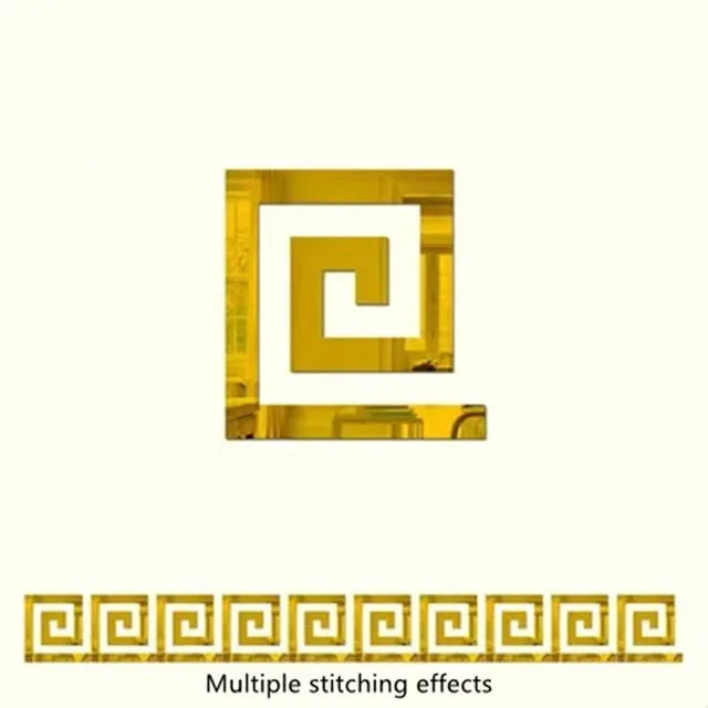 Gold acrylic mirror wall stickers featuring a decorative geometric pattern and multiple stitching effects.