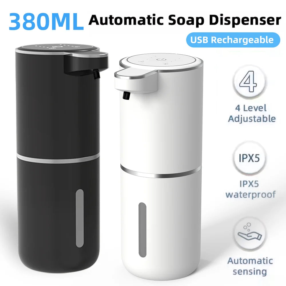 A black and white touchless automatic soap dispenser with a pump top and sensor.