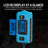 A blue automotive fuse current tester device with an LCD display is shown against a dark background.