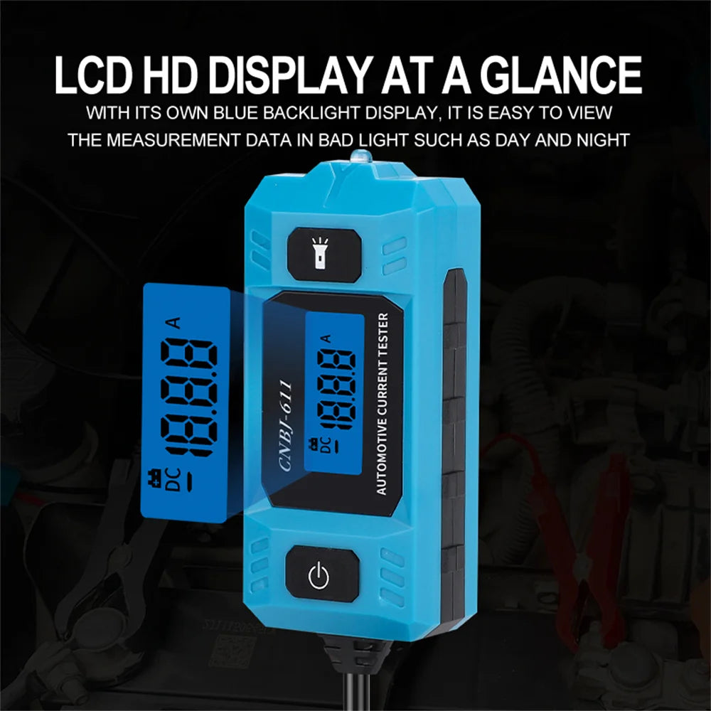 A blue automotive fuse current tester device with an LCD display is shown against a dark background.