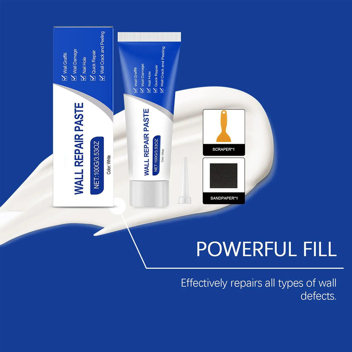 A set of wall repair paste, a scraper, and sandpaper displayed on a white background.