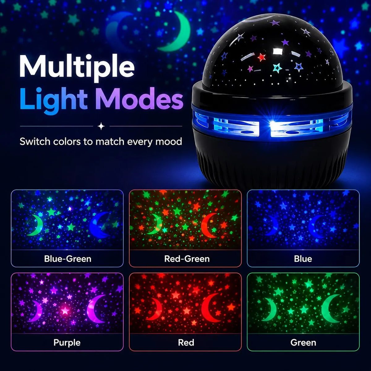A black multi-color light projector showing various modes including blue, green, red, purple, and red-green patterns.