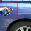 A hand holds a bottle of Car Scratch Remover & Paint Polish Paste on a blue car surface.