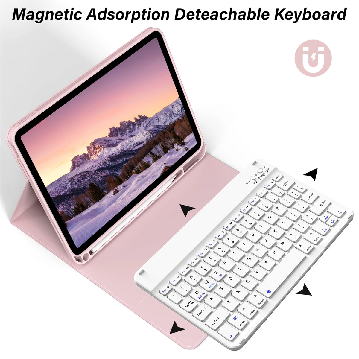 Pinkes Magnet-Tastaturlayout, das an ein Tablet angebracht ist und die abnehmbare Tastatur zeigt.