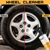 Before and after comparison of a wheel cleaner on a silver alloy rim.