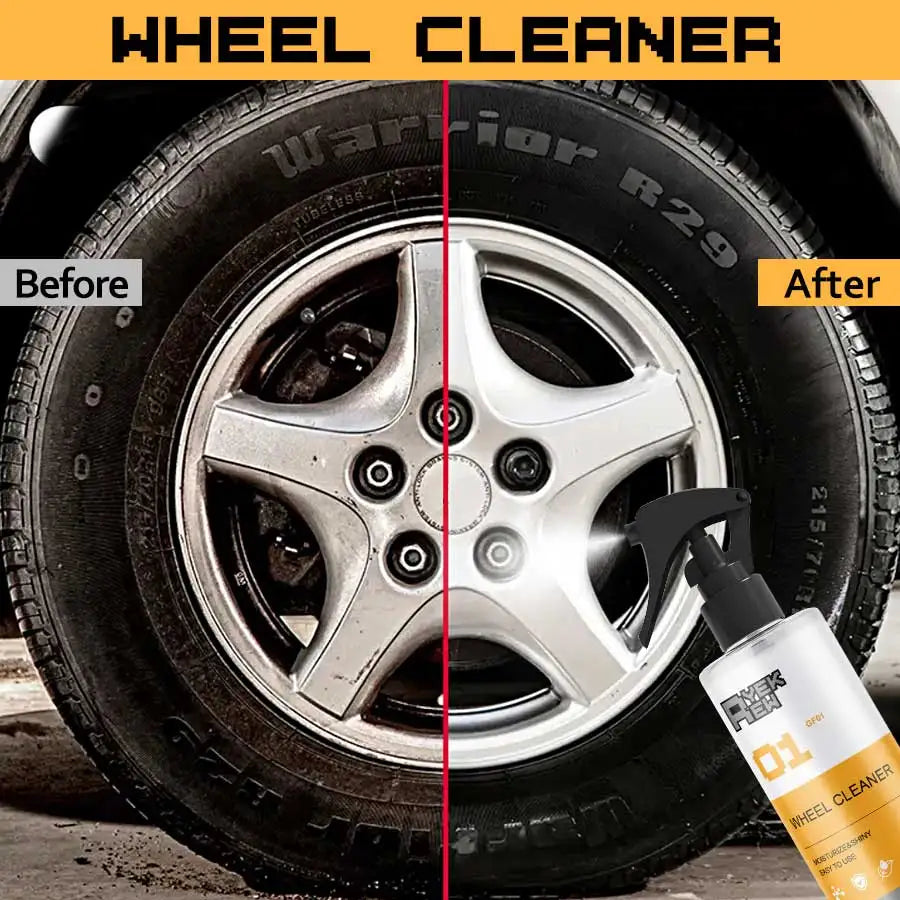 Before and after comparison of a wheel cleaner on a silver alloy rim.