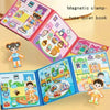 A colorful magnetic clamp type quiet book showing various dress-up scenes and activities for children.