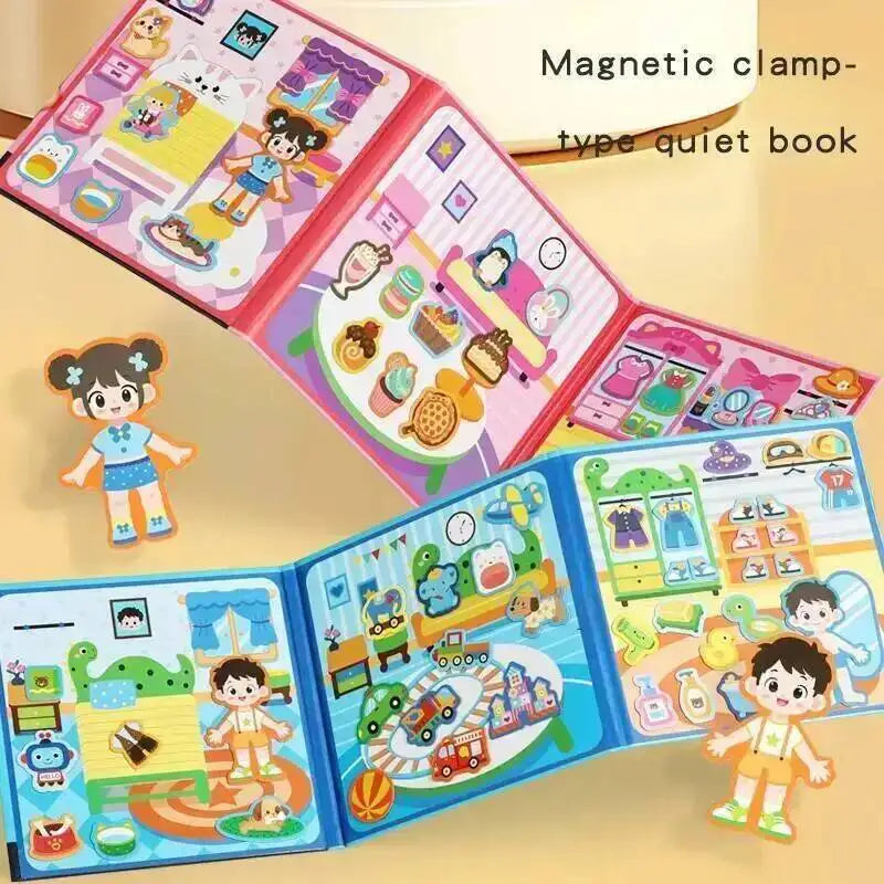A colorful magnetic clamp type quiet book showing various dress-up scenes and activities for children.