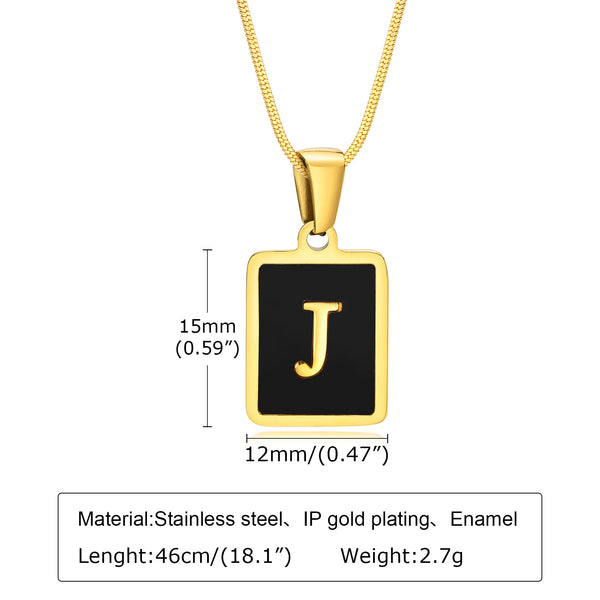 Colgante de inicial de acero inoxidable chapado en oro con forma cuadrada negra y la letra J