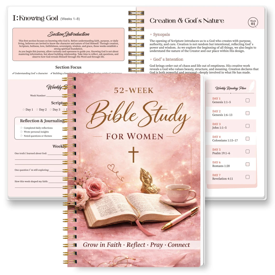 52 Week Bible Study Journal for Women – Guided Faith Planner with Spiral Binding