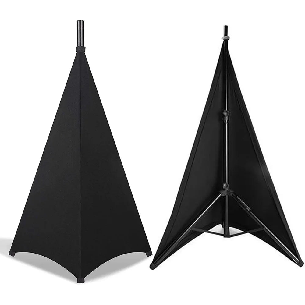 Black universal stretchable speaker stand cover with a vertical pole.