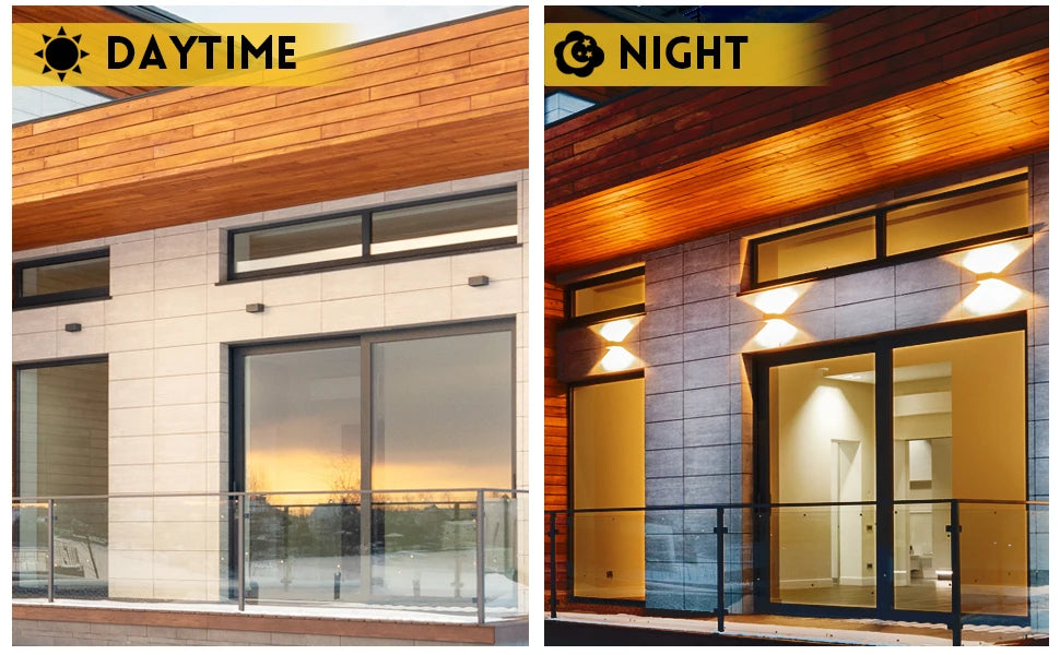 Exterior view of a modern building facade showing the difference between daytime and night lighting.