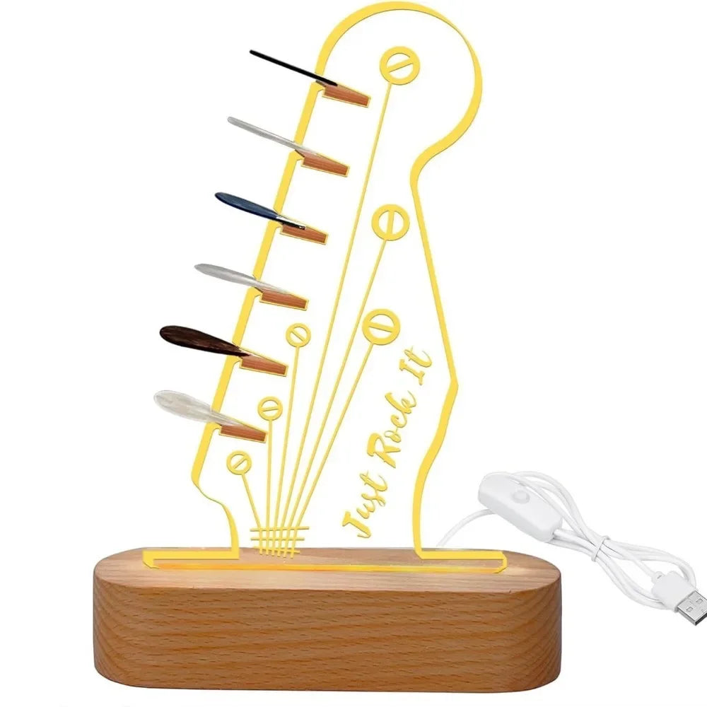 Illuminated acrylic guitar pick holder with a yellow light and wooden base