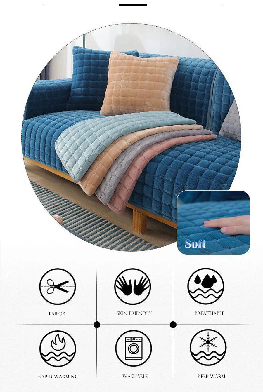 A deep blue velvet sofa cushion cover with a peach accent pillow and various colored fabric options shown on a wooden surface
