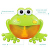 A bright green frog toy with large eyes and an orange mouth, designed as a musical bubble maker bath toy.