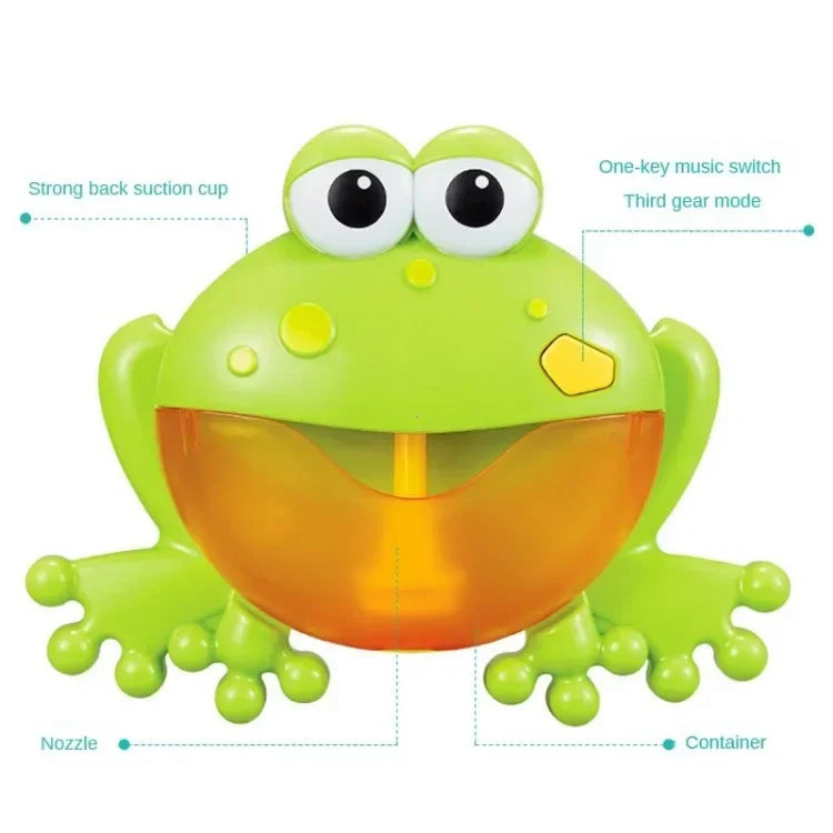 A bright green frog toy with large eyes and an orange mouth, designed as a musical bubble maker bath toy.