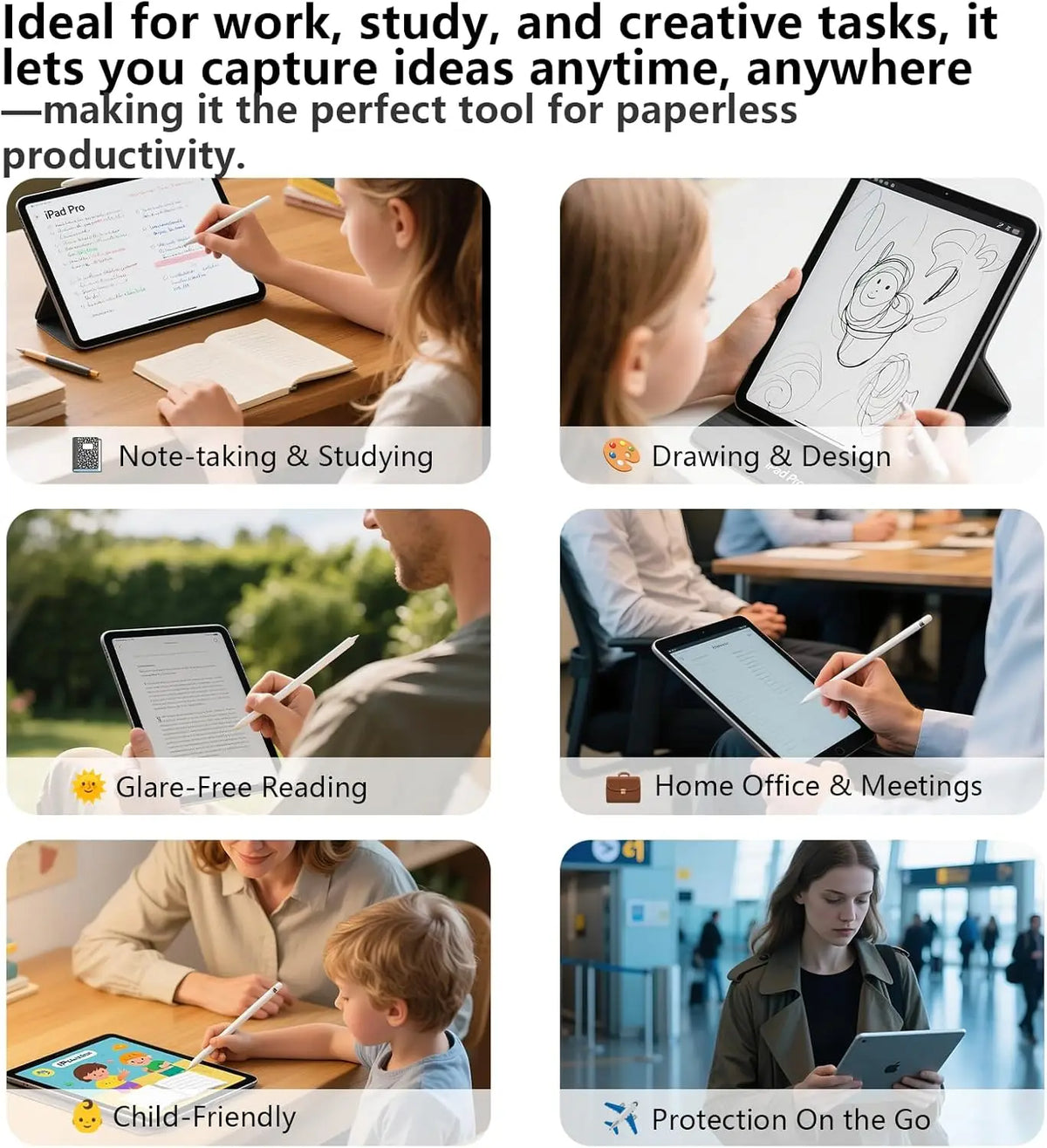 A collection of images showing the Paperfeel Screen Protector for iPad used for note-taking, drawing, reading, meetings, and 