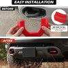 Before and after installation of red front tow hook covers on a truck grille.