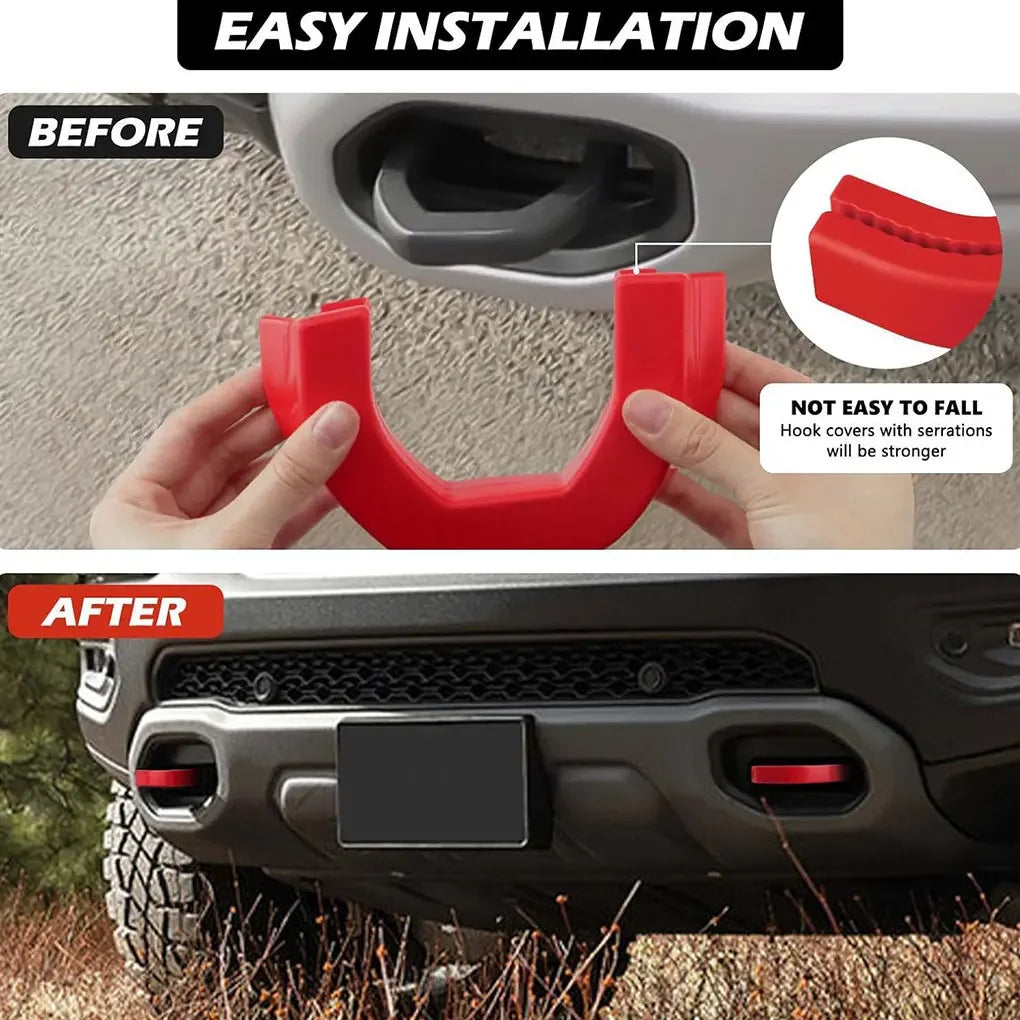 Before and after installation of red front tow hook covers on a truck grille.