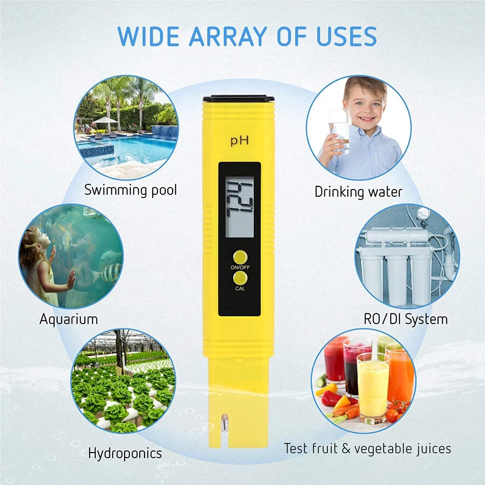 A yellow digital pH and TDS water tester is shown with various uses including swimming pools, drinking water, hydroponics, an