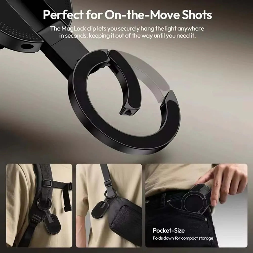 A black magnetic clip light is shown being attached to a strap for on-the-move use.