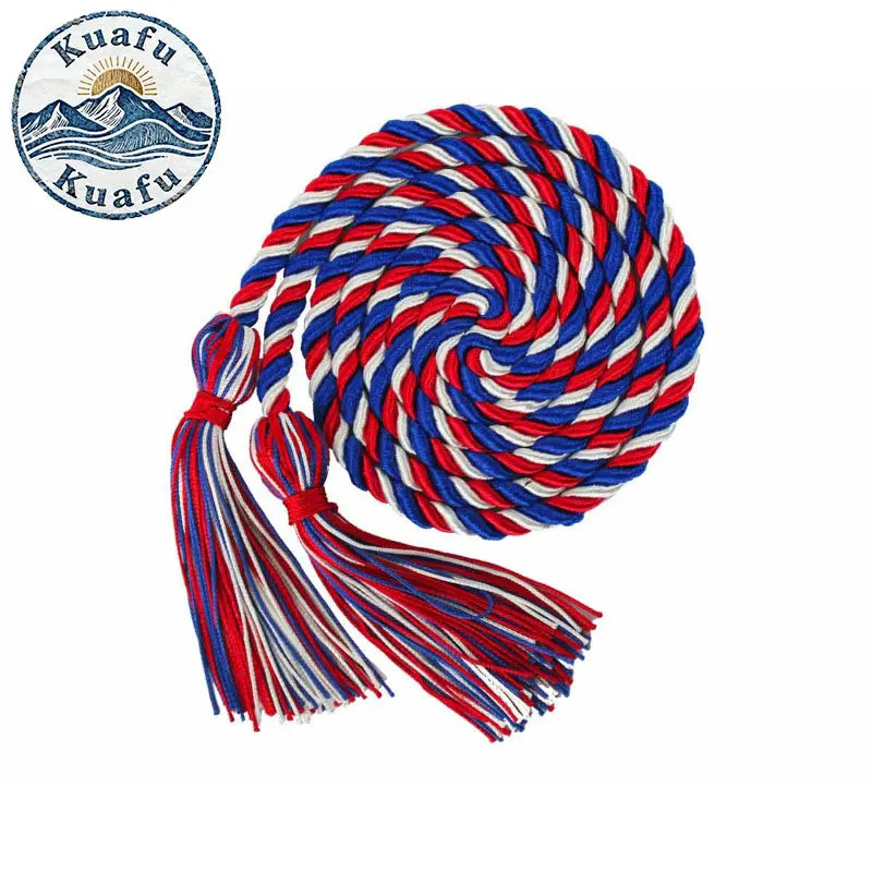 A spool of red, white, and blue graduation honor cords with tassels used for ceremonies and crafts.