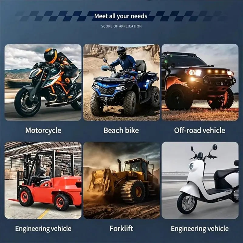 A collection of various vehicles including a motorcycle, beach bike, off-road vehicle, engineering vehicle, forklift, and a s