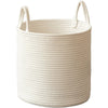 A light beige handwoven cotton rope storage basket with handles.