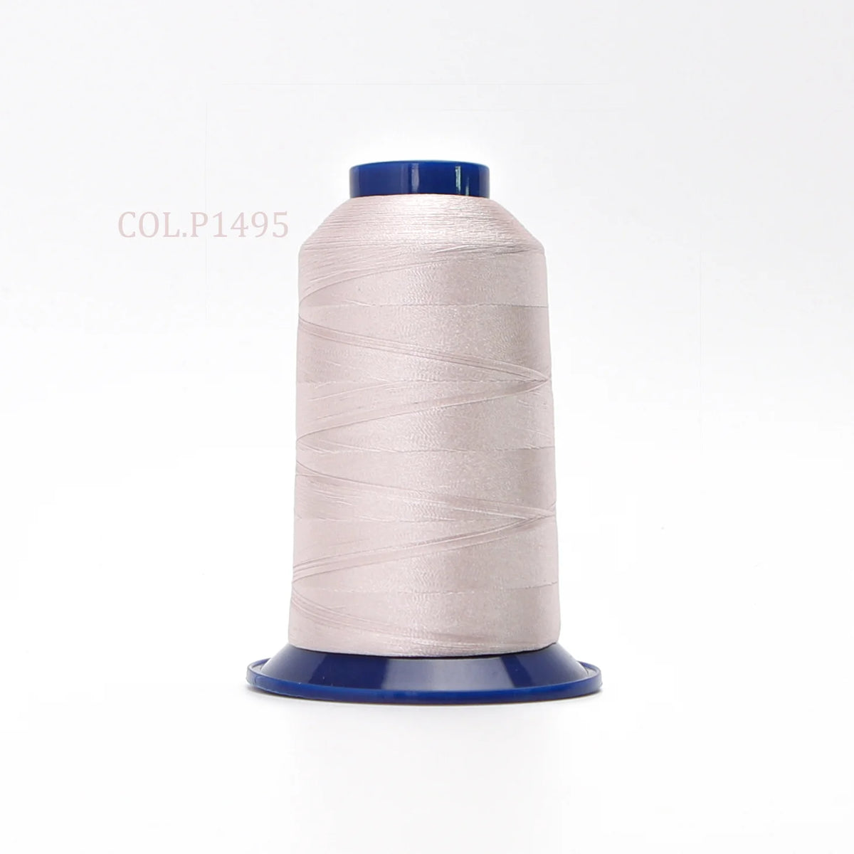 A spool of light pink polyester embroidery thread with a blue core and cap.