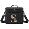 Black insulated canvas lunch bag with a gold initial S and floral decoration