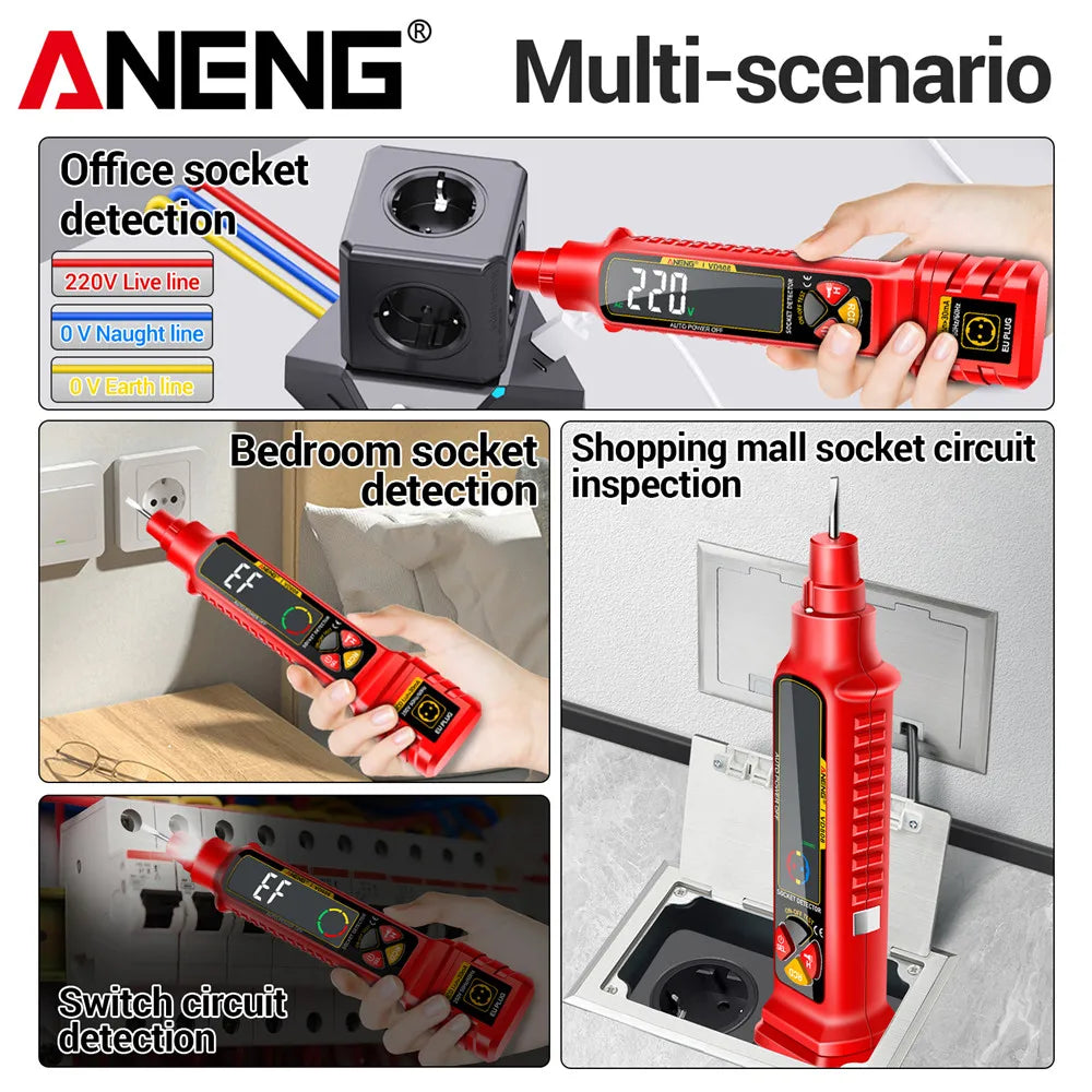 Socket Tester with AC/DC Voltage Detection and Polarity Check