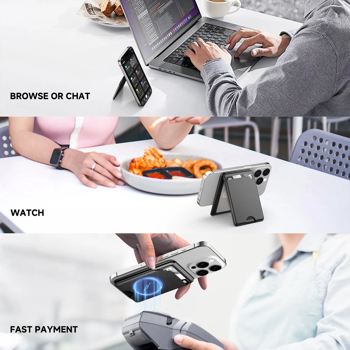 Eine Hand hält einen magnetischen Wallet-Handyhalter, der schnelle Zahlung funktioniert.