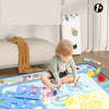 A large reusable water drawing mat with magic pens and colorful shapes used for kids' mess-free art.