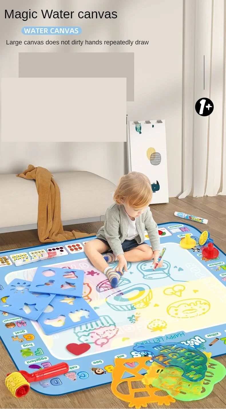 A large reusable water drawing mat with magic pens and colorful shapes used for kids' mess-free art.