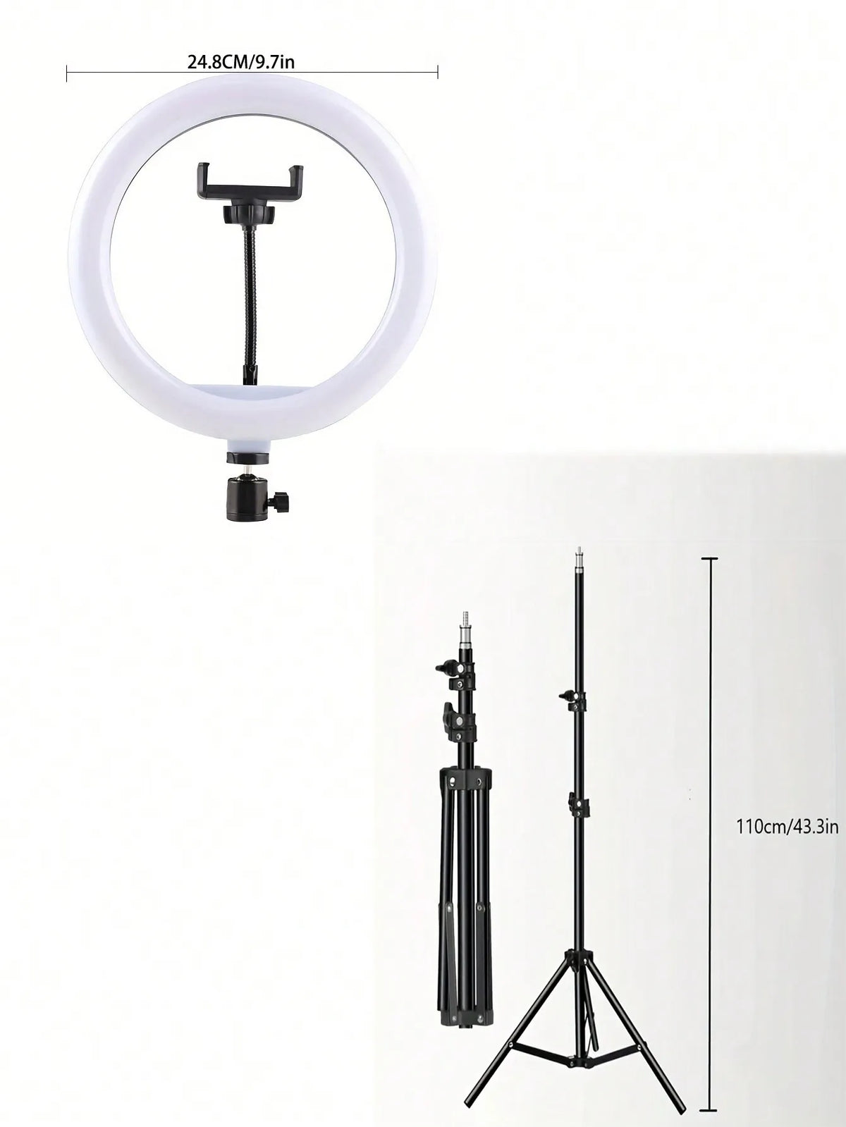 A white ring light and tripod kit with a remote control shown against a white background.