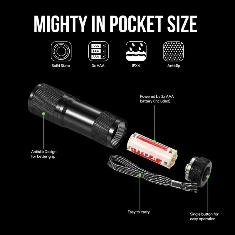 A black flashlight with an antipip design and a removable battery is shown alongside various feature icons.