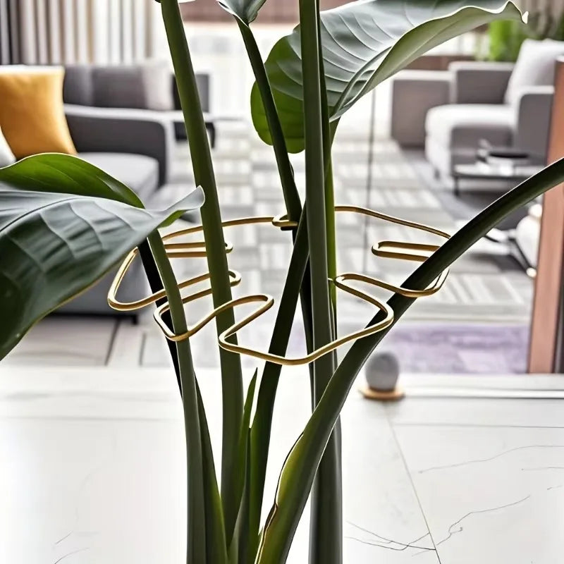A close-up of a sturdy metal Monstera plant support frame with large green leaves in a modern indoor setting.