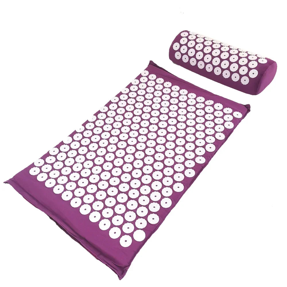 Purple acupressure mat and pillow set with white dots for pain relief and relaxation