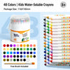 A package of 48 kids water-soluble crayons in a clear plastic container with a free brush and color palette.