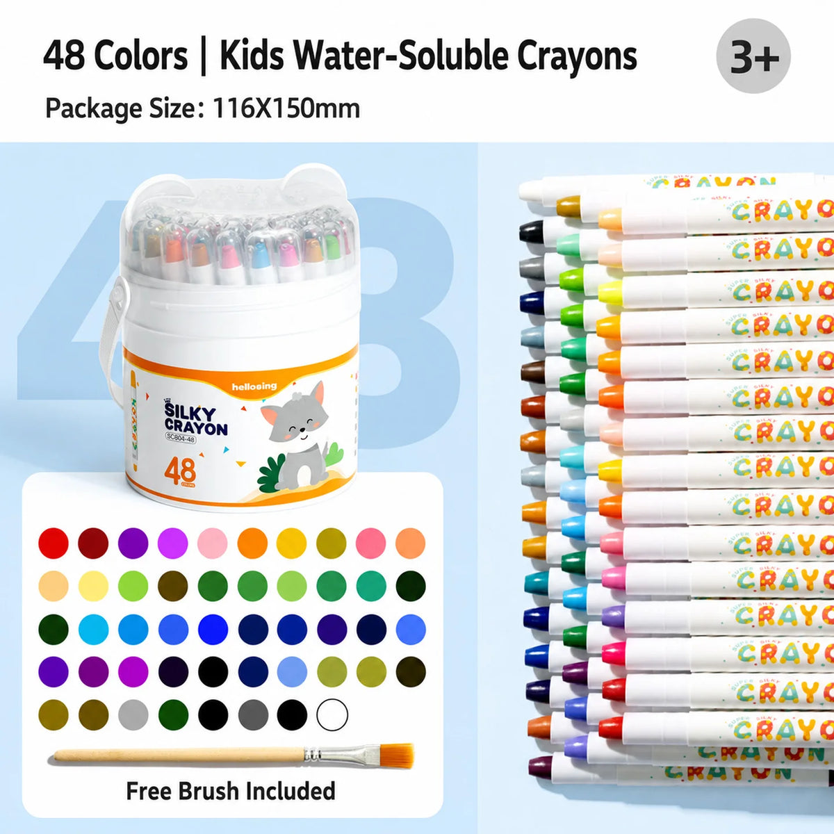 A package of 48 kids water-soluble crayons in a clear plastic container with a free brush and color palette.