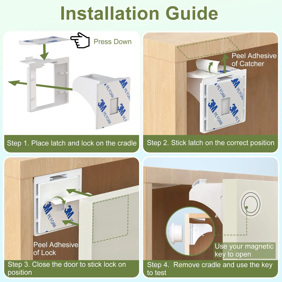 Installation guide showing steps to install magnetic child safety cabinet locks on a wooden cabinet.
