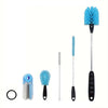A set of three blue bottle cleaning brushes with long handles, including a brush and two long cleaning tools.
