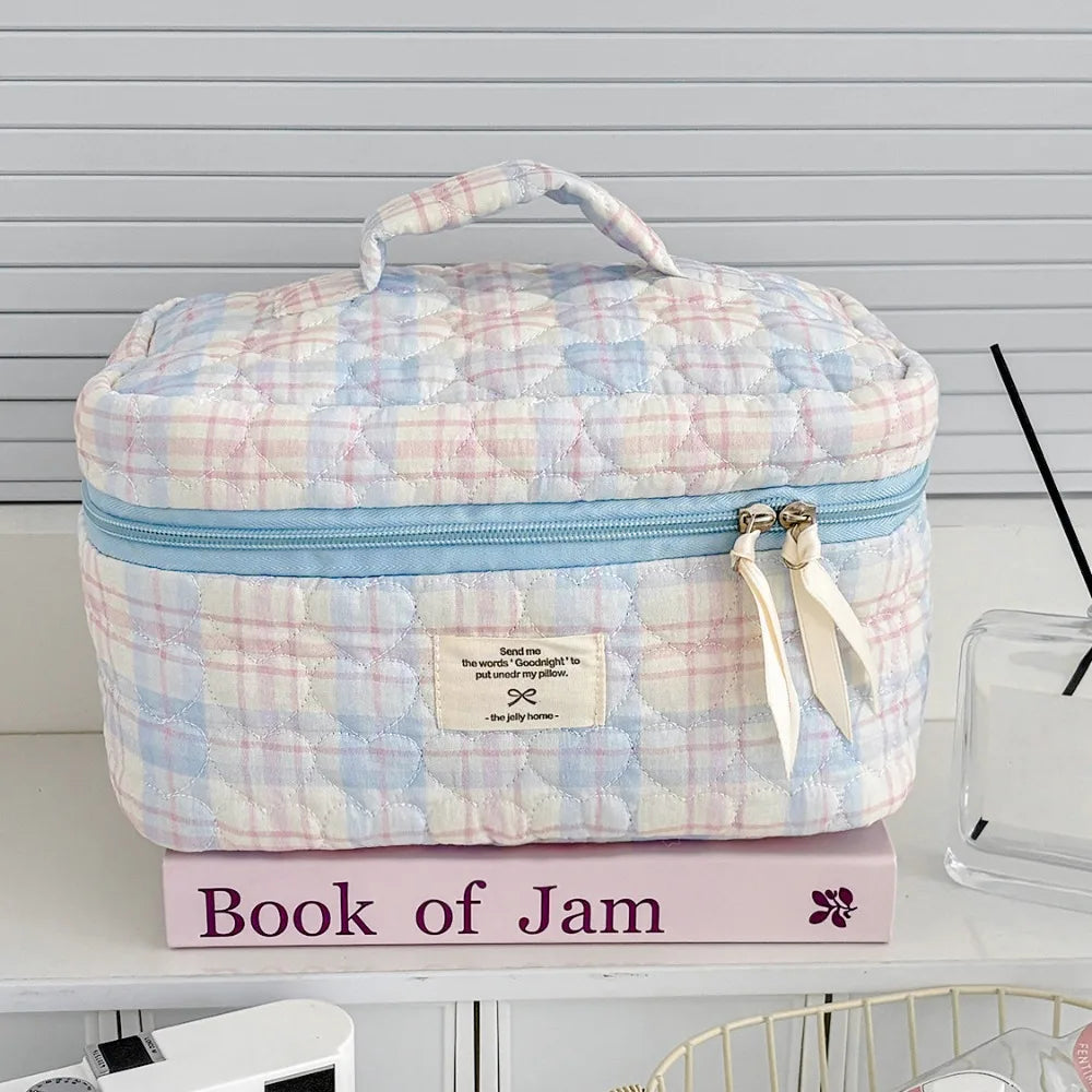 Pink Bow Plaid Quilted Cosmetic Bag with Multiple Compartments