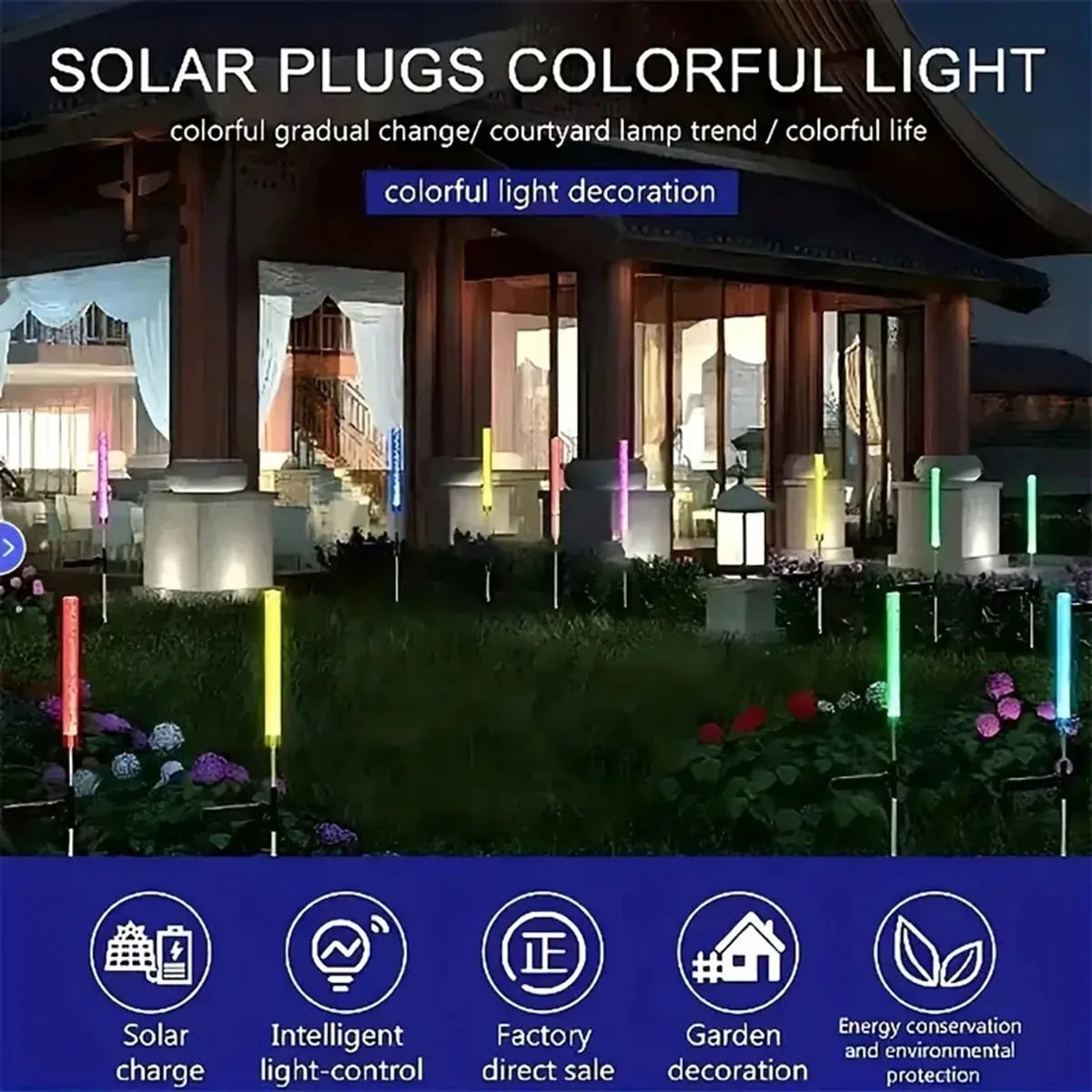 Solar plugs colorful light decoration featuring LED path lights and garden lighting.