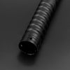 A close-up view of a black metal lightsaber hilt with ribbed texture.