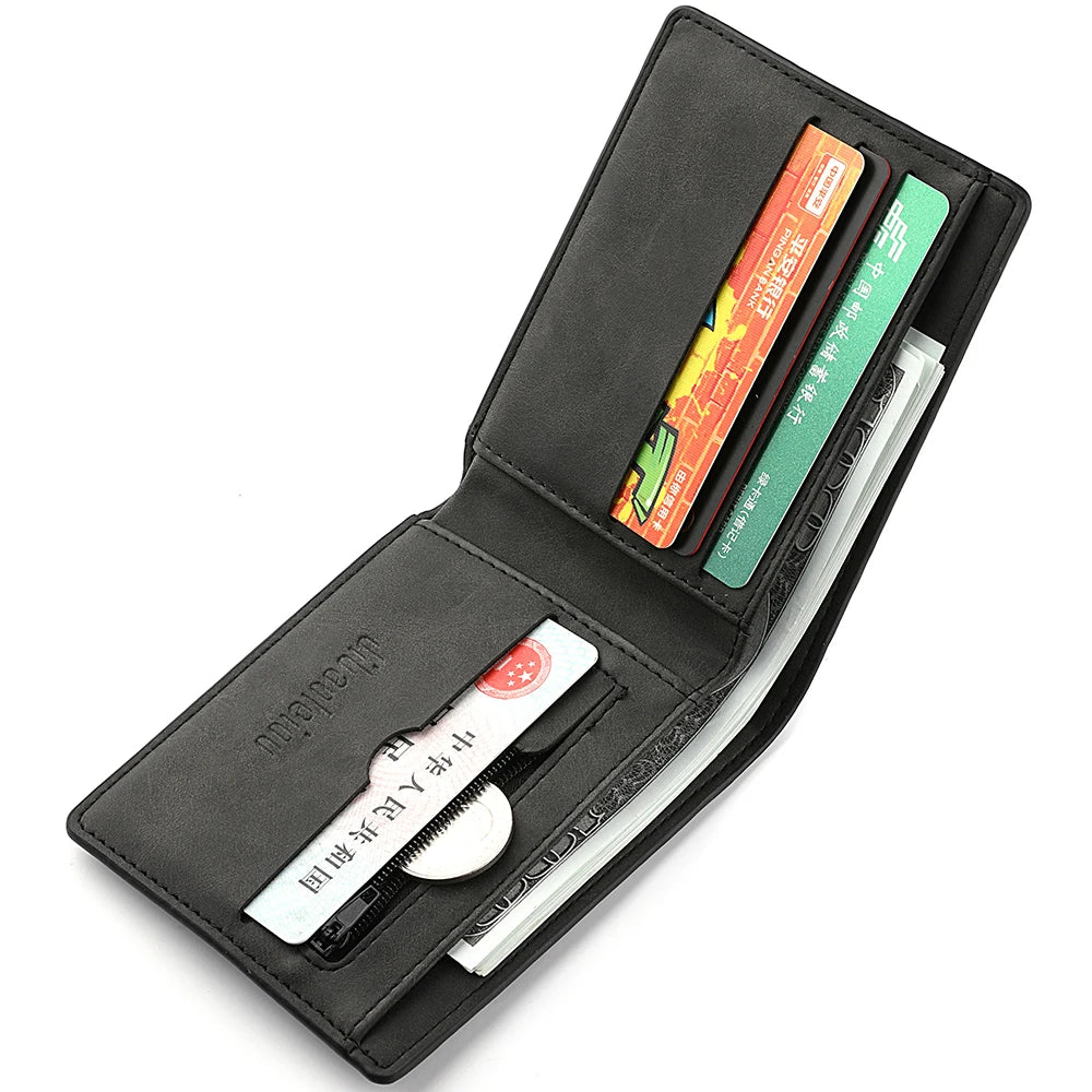 A black PU leather short wallet with multiple card slots and a coin pocket displaying various cards.