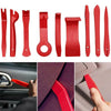 A set of red emergency car door unlock tools including an air wedge and grabber, shown in use on a car door.