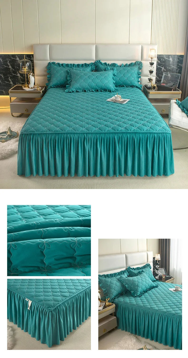 Quilted Solid Color Bed Skirt with Pleated Ruffle
